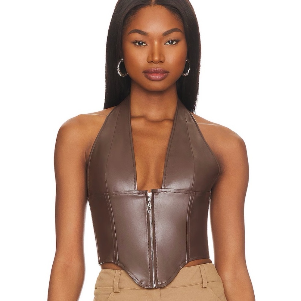 Miaou Mara Corset brown leather halter top